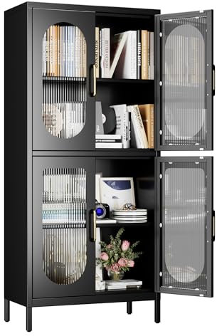 Aobabo Metal Office Files Storage Cabinet with 4 Doors and 2 Adjustable Shelves - 155H Black Glass Doors Display Storage Cabinets for Office,Home (Black, 155H-Glass 4 Door)