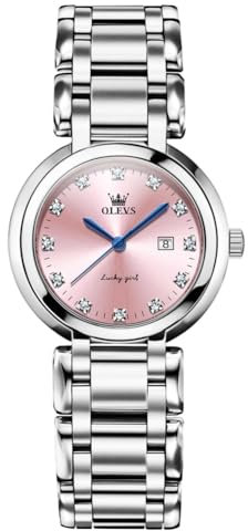 OLEVS Armbanduhr Damen Elegante Rosa Kleine Gesicht Analoge Quarz Uhr Damen Silber Edelstahl Mode Kleid Uhr für Frauen Luxus Diamant mit Datum Wasserdicht Einfachheit Freizeit Damenuhr