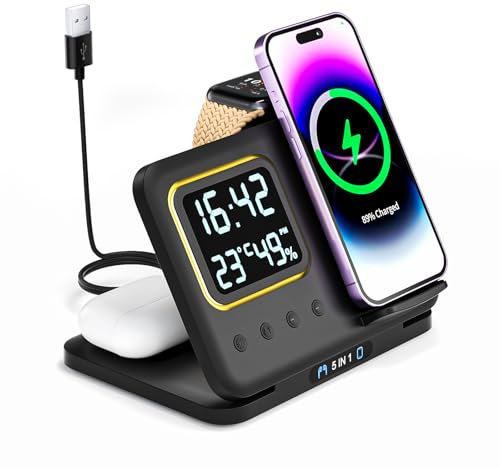 Vankarr Chargeur sans Fil pour Mag-Safe 5 en 1 Station de Charge Apple ,Station de Charge Samsung Watch,pour iPhone 16/15/14/13/12/11 Pro/Max/Plus,pour AirPods 4/3/2/Pro/2