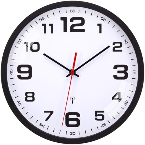 Warminn Funk Wanduhr Ohne TickgeräUsche Lautlos 30cm Quarz Batterie Betriebene Groß Wanduhr Einfach zu Lesen für Zimmer Zuhause KüChe Schlafzimmer Büro Schule (Schwarz)