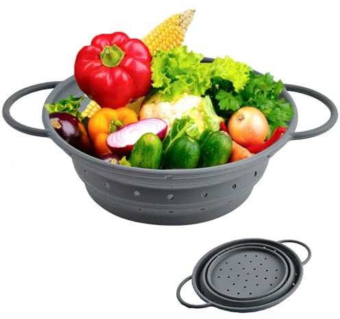 Colador, 25cm Cocina Plegable Colador, Silicona Escurridores Plegables Canasta con Asa, Escurridor de pasta, Para lavar Vrduras y Frutas, Gris