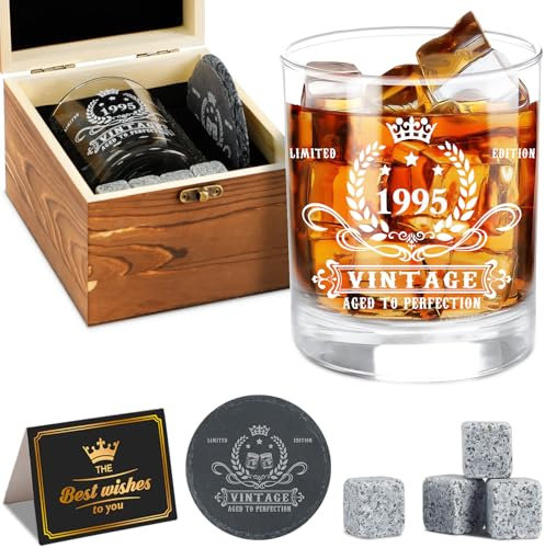 30 Geburtstag Männer, Vintage 1995 Whiskey Glas Set, Holz Box, Whiskey Steine, Untersetzer, Grußkarte, Geschenk Zum 30 Geburtstag Mann