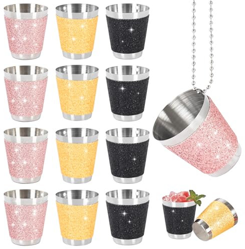 Celepoir 12 Stück Schnapsgläser zum Umhängen, 30ml Schnapsgläser mit Kette, Gold, Rosa, Schwarz Edelstahl Shotgläser zum Umhängen, Shot Becher zum Umhängen für Party, Karneval, Hochzeit, JGA