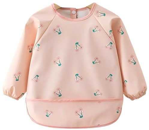 Lätzchen mit Ärmeln Baby,Wasserdicht Langarm mit Auffangschale,Weiches PU-Material für Babys 0-24 Monate, Fütterlätzchen für Sauberkeit beim Essen, Hautfreundlich und Leicht zu Reinigen (Rosa)