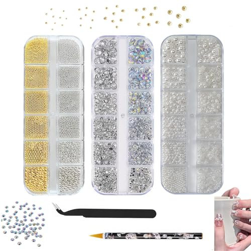 5200PCS Nail Art Rhinestones, Bedazzling Kit, Gems, AB Crystal Rhinestones Nail Charms with Nail Pearls, Kit with Pick Up Tweezers and Pen, for Nails Clothing Face Crafts Design, Manicure Tool Kit