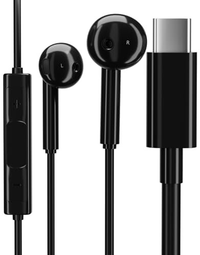 pluX USB C Headphones Wired, Type C Earphones with Microphone, Compatible with Samsung, Huawei, VIVO, OPPO, Mi, Google Pixel and Apple iPhone 15