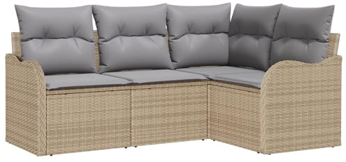 vidaXL 4-teiliges Gartensofa-Set mit Kissen in Beige aus Poly Rattan – Modulare Sitzgelegenheiten für Terrasse und Balkon, bequem, wetterfest, für 6 Personen, Lounge-Möbel für den Patio