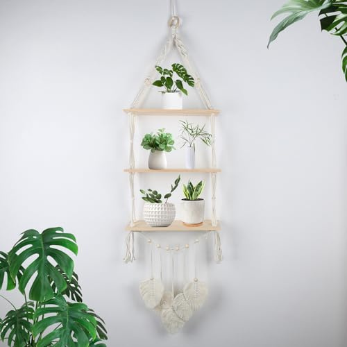 Whoiy Regal Wand Wandregal Holz, 3 Tier Makramee Wandbehang ohne Bohren Makramee Hängeregal Boho Deko Schweberegal Handgewebte Hängeregal Schwimmende Regale für Wohnzimmer