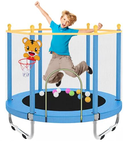 55 Kids Trampoline with Safety Net Enclosure, Outdoor Indoor Trampoline with Basketball Hoop for Kids, Play Equipment for 3 4 5 6 7 8 Years Old Boy and Girls