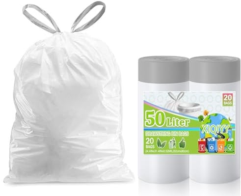 XIQIYY Bin Liners 50L Bin Bags with Tie Handle, Heavy Duty Kitchen Bin Bags 50 Litre, 20 Counts Strong Thick Drawstring Rubbish Sacks for Household, Garden, Fit 50–60L Bins (65x80cm, White Trash Bags)