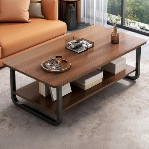 VTELGT Coffee Table, 2-Tier Wood Coffee Table with Large Tabletop, Open Storage Shelf, U-Shape Metal Side Support, Rounded Corners for Living Room Home Office,Walnut