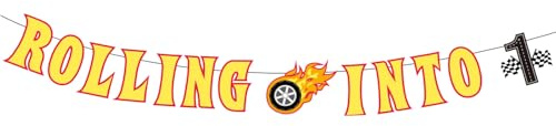 Rolling Into Rennauto Geburtstagsbanner, Schwarz-Weiß Karierte Flagge Rennparty Deko für Jungen und Mädchen Truck-Thema Geburtstagsparty Zubehör (1)