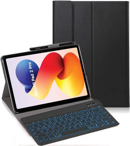 YHFZR Tastatur Hülle für Xiaomi Redmi Pad 2 Pro 12,1 Zoll, [Deutsches QWERTZ] Ultraslim Hülle mit 7 Farben Beleuchtung Kabellose Tastatur mit Schützhülle, Schwarz