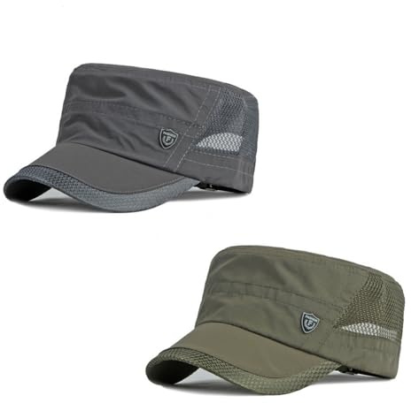 HIQIU 2 Stück Military Cap Herren Sommer Dünn Cadet Hut - Verstellbar Flat Top Militärkappen Herren Atmungsaktiv Mesh Army Cap Sport Baseballmütze