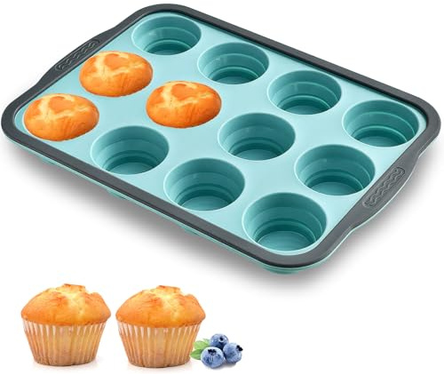 YIFLorine TANG Muffin Backform,12 Hohlraum Muffinform Blech Silikon mit Metallrahmen,31x22,2x3,6cm Non-Stick Muffin Formen Silikonform Backform Cupcake Tray für Cupcakes,Muffins und Desserts(Grün)