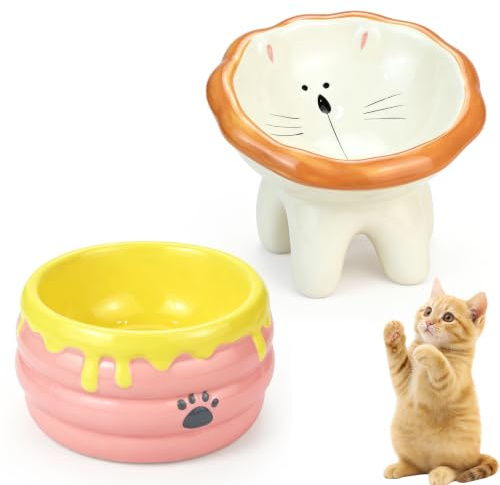 2 Pack Ceramic Cat Bowls, Tilted Elevated Cat Feeding Station & 300ML Cat Water Bowls for Cat & Small Dogs,Cute Lion Honey Pot Shape for Whisker Friendly Neck Protection Anti-Vomiting(Lion, Honey Pot)