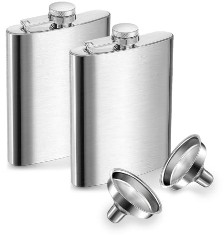 pclapora Paquete de 2 Petacas de Acero Inoxidable 8oz/240ml con Embudo | Frascos de Bolsillo a Prueba de Fugas Licorera Portátil Perfecta para Camping Barbacoa Fiestas y Viajes Color Plateado