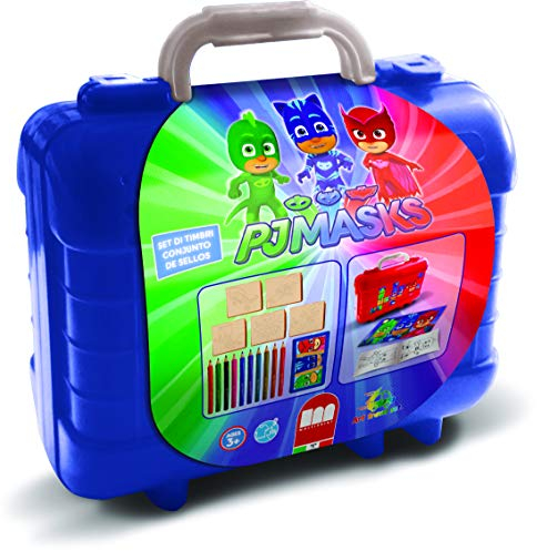 Multiprint Tashe Travel Set Pj Mask, Made in Italy, Malbucher, mit Puzzles und Buntstifte, Stempelset Kinder, in Holz und Naturkautschuk, Ungiftige Waschbare Tinte, Geschenkidee, Art.42954