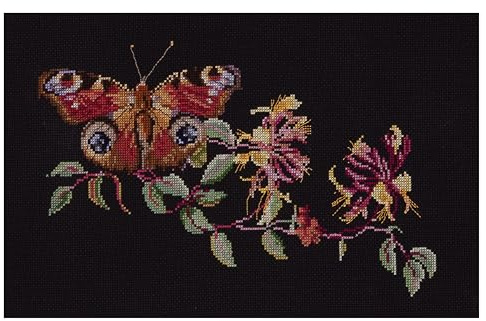 Thea Gouverneur - Counted Cross Stitch Kit - Butterfly-Honeysuckle - Aida Black - 18 Count - Embroidery Kit for Adults - DMC Embroidery Threads and Other Cross Stitch Supplies Included - 439.05