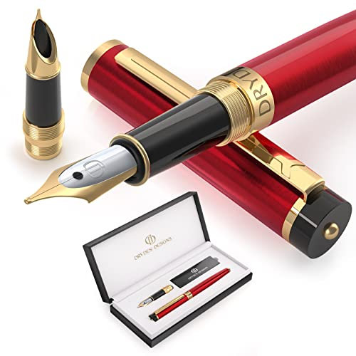 Dryden Designs Fountain Pen - Medium and Fine Nib - Gift Box with 6 Ink Cartridges - MBF (Dangerous Red)