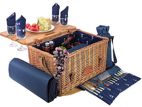 Les Jardins de la Comtesse - Picknickkorb aus Weide und Leder Saint-honoré in blau, mit abnehmbarem Tisch - für 4 Personen - voll ausgestattet - 45 x 28 x 28 cm