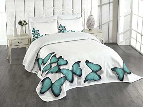 ABAKUHAUS Türkis Tagesdecke Set, Sunny Schmetterlinge Morphs, Set mit Kissenbezug luftdurchlässig, für Einzelbetten 170 x 220 cm, Türkis Schwarz