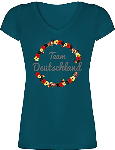 T-Shirt Damen V Ausschnitt - Fußball EM WM - Team Deutschland Blumenkranz - XL - Türkis - Shirt 2021 fußball-Fanartikel Europameisterschaft Blumen Tshirt Frauen fußballtrikot Fussball Germany