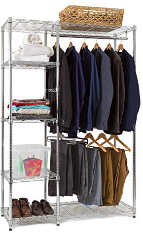 Chrome Heavy Duty Clothes Storage System - Maximise Your Storage Space – 2 Garment Rails and 5 Shelves for Storage, Adjustable Shelves for Ultimate Flexibility - FREE Next Day Shipping *