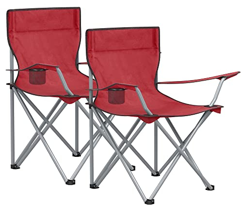 SONGMICS Chaise Pliante Camping, Lot de 2, Chaise de Pêche Extérieur, avec Accoudoir, Porte-gobelet, Portable, Pliable, Capacité 120 kg, Camping, Jardin, Pêche, Plage, Terrasse, Rouge GCB01RD