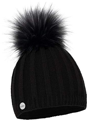ELIMELI Mütze Damen Winter warme Strickmütze Wollmütze mit Kaschmir Wintermütze mit Kunstfell Bommel Slouch Strick Beanie, Bommelmütze Hergestellt in EU Farbenauswahl (Schwarz)