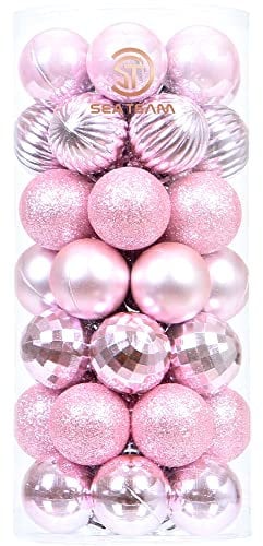 Sea Team 46-Pack Christmas Ball Ornaments with Strings, 30mm/1.18 Mini Size Baubles, Shatterproof Plastic Christmas Bulbs, Hanging Decorations for Xmas Tree, Holiday, Wedding, Party, Pink