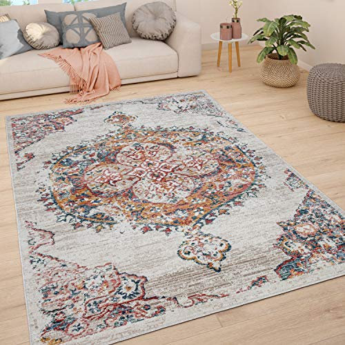 Paco Home Teppich Wohnzimmer Kurzflor Schlafzimmer Moderne Vintage Orient Ornament Muster Pastell Bordüre, Grösse:80x150 cm, Farbe:Creme