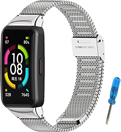 SenMore Correa Compatible para Huawei Band 6 Pulsera Correa de Acero Inoxidable Agradable Impermeable Reemplazo Correa para Honor Band 6 (No Host)(For Huawei&Honor Band 6, Plata)