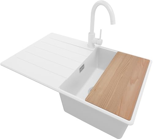 PRIMAGRAN Granitspüle ab 45er Unterschrank + Küchenarmatur, 78x50cm | Set: Küchenarmatur BW5010 + Ablauf-Set + Schneidebrett + Spülbecken 1 Becken - Kopenhagen Top, Weiß