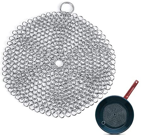 Limpiador de hierro fundido, limpiador de malla de acero inoxidable de 7 pulgadas, limpiador de sartenes de hierro fundido con anillo colgante para parrillas, sartenes, hornos