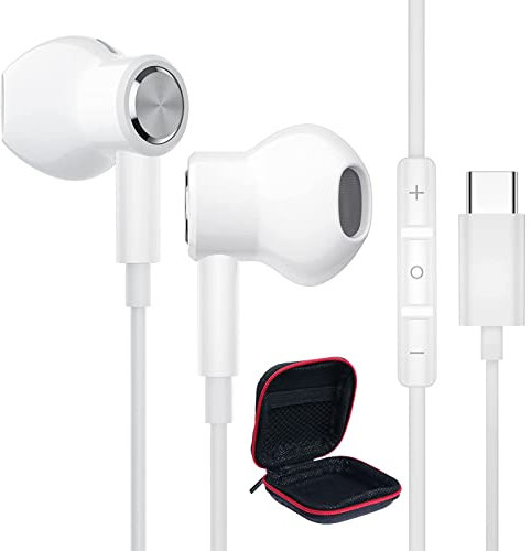 Écouteurs USB C pour Samsung S25/A16/A55/A35/A26/A56/A36/S24/S23 HiFi Stéréo Magnétique Ecouteur USB Type C Ecouteur Filaire Casque avec Micro pour iPhone 16e 16 15 pour Pixel 9/8a/7 Mi 14T 15 Blanc