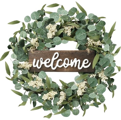 Sggvecsy Künstlicher Eukalyptus-Kranz mit Willkommensschild, 50,8 cm, Frühlings- und Sommerkranz mit weißen Beeren für Haustür, Wand, Fenster, Festival, Bauernhaus, Veranda, Terrasse, Gartendekoration