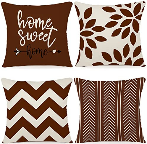ZWJD Kissenbezug 60x60 4er Set Dekokissen Kissenbezüge Dekoration Outdoor Kissenbezüge Leinen Dekokissen für Schlafzimmer, Sofa, Stuhl, Bett, Garten (60 x 60 cm,Kaffee)