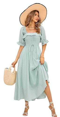 R.Vivimos Damen Polka Dot Slim Half Sleeve Puff Flare Sleeve Square Neck Tie Langes Midikleid (Large,Grün#2)