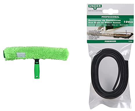 UNGER MicroStrip Window Washer Sleeve 45cm with ErgoTec T-bar Handle & Window Cleaning Squeegee Blade Replacement - Soft Rubber 106cm Adjustable Size Strip - Professional Quality