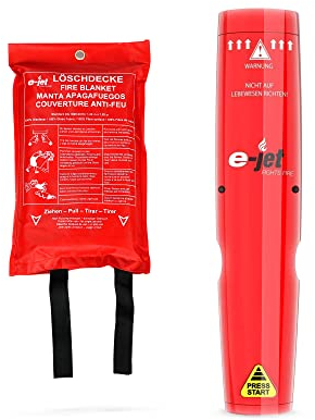 e-Jet Aerosol Feuerlöscher & Feuerlöschdecke XL – 2er Set, kompakte Brandschutzausstattung für Küche & Büro, DIN EN 1896
