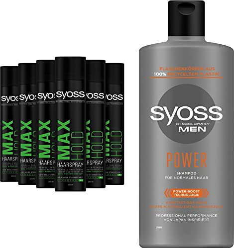 Syoss Haarspray Max Hold Haltegrad 5 (6 x 400 ml) & Shampoo Men Power (440 ml), kräftigendes Herren Shampoo mit Koffein & Power-Boost Technologie stimuliert die Haarwurzeln