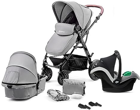 Kinderkraft MOOV Kinderwagen 3 in 1 Kinderwagenset bis 26 kg mit Kindersitz I-SIZE 40-75 cm, Buggy Funktion, Liegeposition verstellbar, Große ausziehbare Verdeck, Zubehör inklusive, Grau