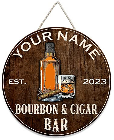 MeMate Panneau de bar bourbon, panneau de bar à cigares et bourbon pour décoration d'intérieur – Panneau de bar à vin imprimé, panneau de nom personnalisé en bois, année pour cave à vin, cave d'homme,