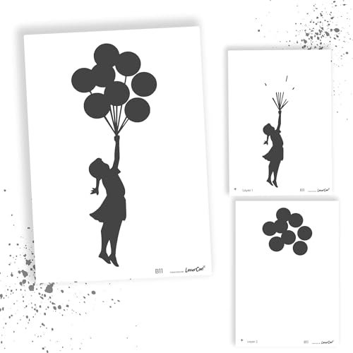 LaserCad Schablonen BANKSY Streetart (B011, Flying Baloon Girl (2 layer), DIN A5) Stencil für Graffiti, Airbrush, Kunst, Deko, zum Malen