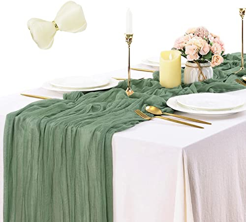 1 runner da tavola verde e 1 nastro in chiffon, tovaglia vintage piegata in tulle, decorazione lunga per la tavola, adatta per matrimoni, feste di compleanno, Natale(90*400cm)