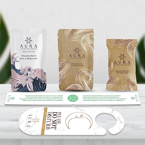 Aura Luxury Collection® Kit cortesia B&B 150pezzi: 50 bustine shampoodoccia 20ml, 50 bustine igiene intima 20ml, 50 saponette 20gr +OMAGGIO 500 fasce garanzia igiene WC e 12 appendiporta don't disturb