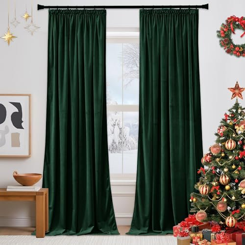 PONY DANCE Dark Green Velvet Curtains Pencil Pleat Velvet Curtains - 1 Pair of Rod Pocket Home Decor Window Treatment Thermal Blackout Luxury Drapes Elegant Bedroom, 52x84 Inch