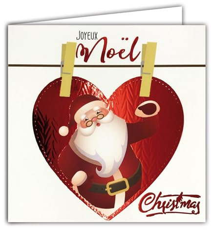 AFIE 23086 Carte Joyeux Noël Carte Carrée Joyeux Père Noël Cœur Rouge Brillant avec Enveloppe Blanche 15x15cm - Toc toc Frapper Entrer Décoration Pinces épingles à Linge en Bois 25 décembre