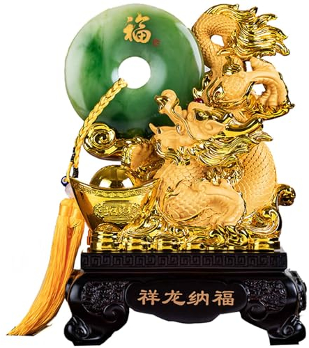 MKYOKO Feng Shui Goldener Drache mit Gold Dollar und Jade Anhänger, Harz Statue Skulptur Figuren Dekor mit Stiftung, Gute Glücksgeschenke, für Glück & Reichtum perfekt,B